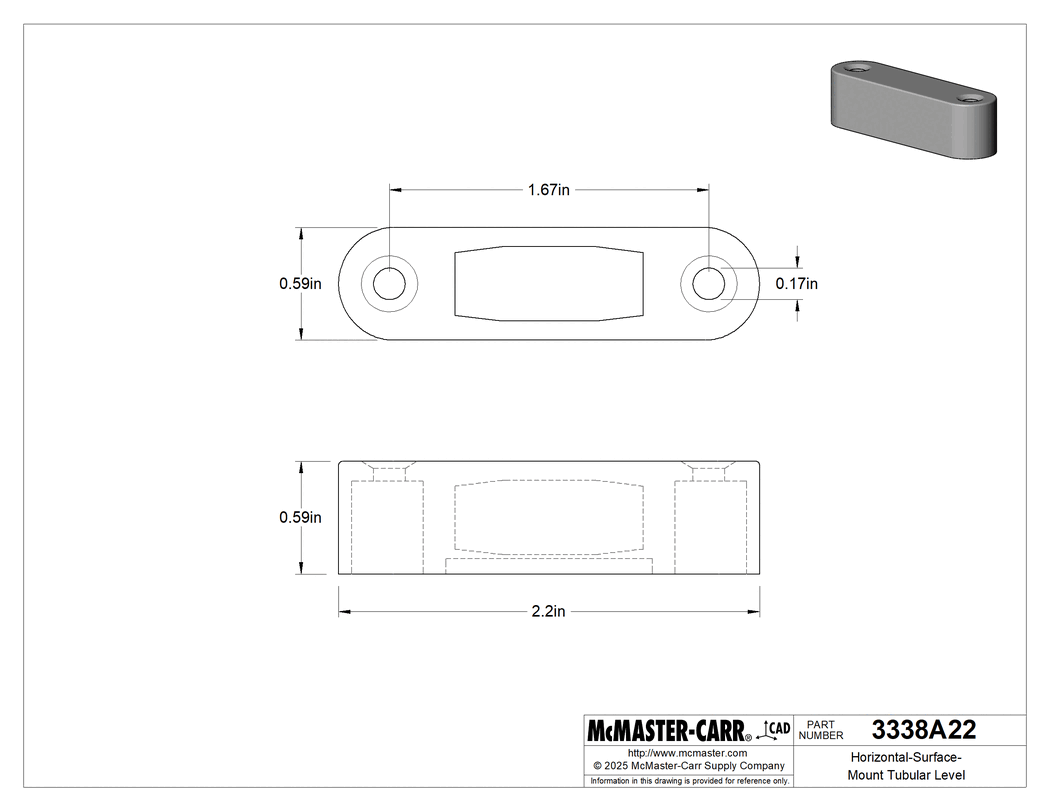 Technical Drawing of Horizontal-Surface-Mount Tubular Level, 2-3/16" Long.